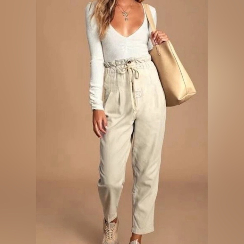 Free People Margate Beige Paperbag Waist Pleated Trouser Pants